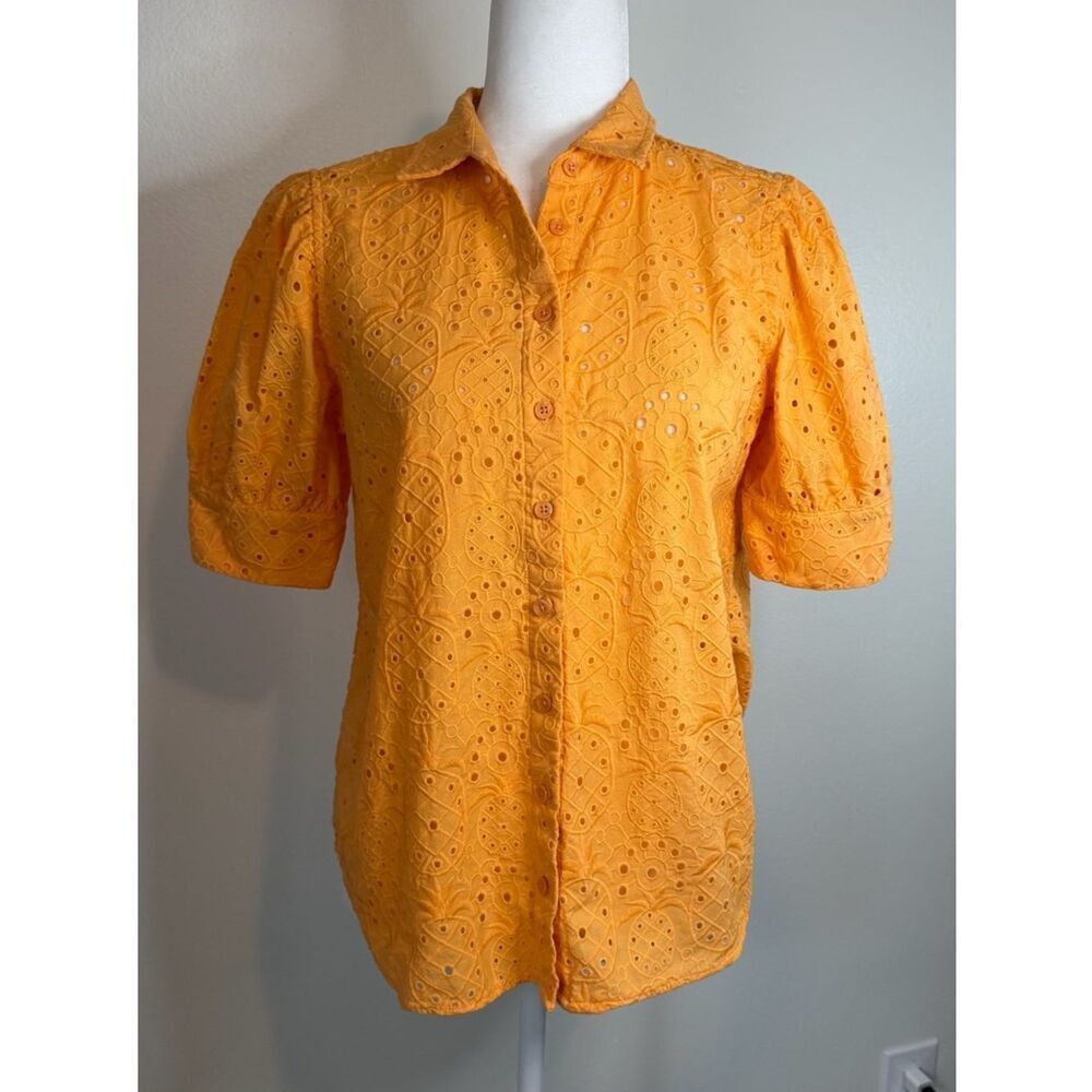 Chico’s Top Eyelet Cotton Puff Sleeves Pinapple Embroidery Size 0 (small 4)